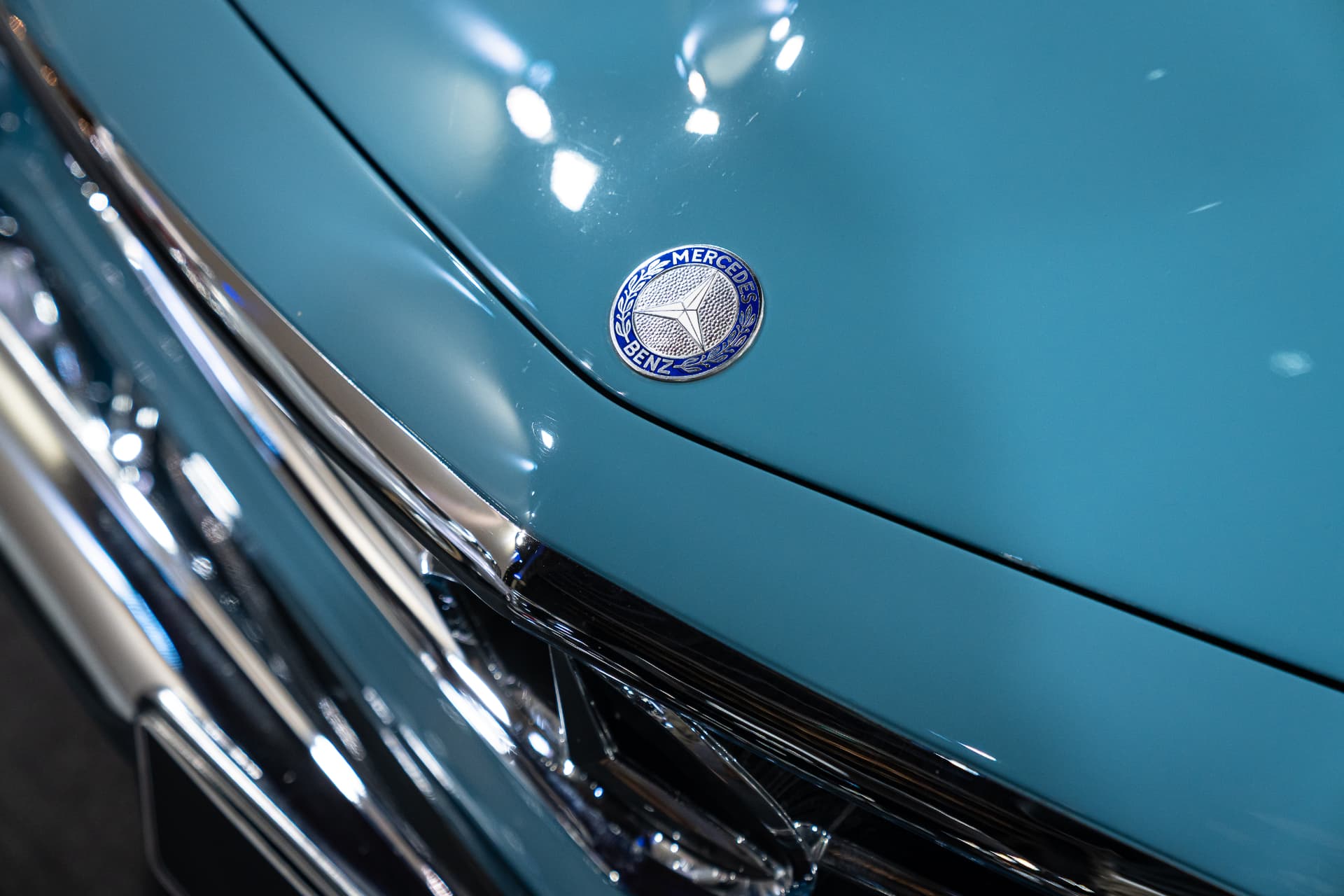 Mercedes-Benz hood emblem detail on this 1965 Mercedes 230 SL Pagode
